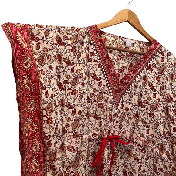 ROYAL PAISLEY Women's Kantha Style Kaftan Dress Red Cream Paisley Print One Size - Picture 3 of 9